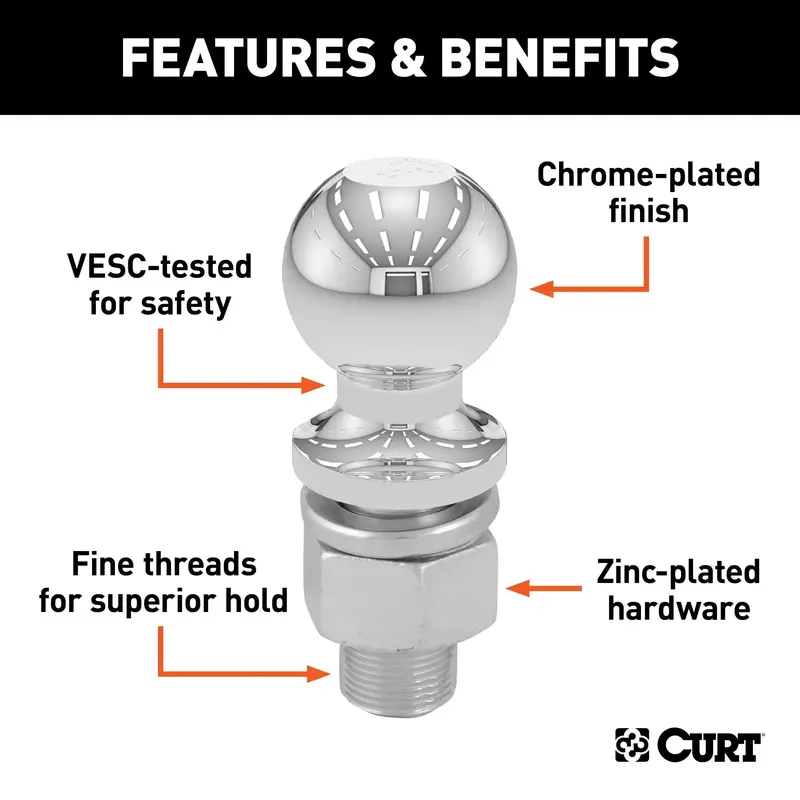 Curt 1-7/8-Inch Chrome Trailer Ball – 3/4" X 2-1/8" Shank, 2,000 Lb Capacity 1