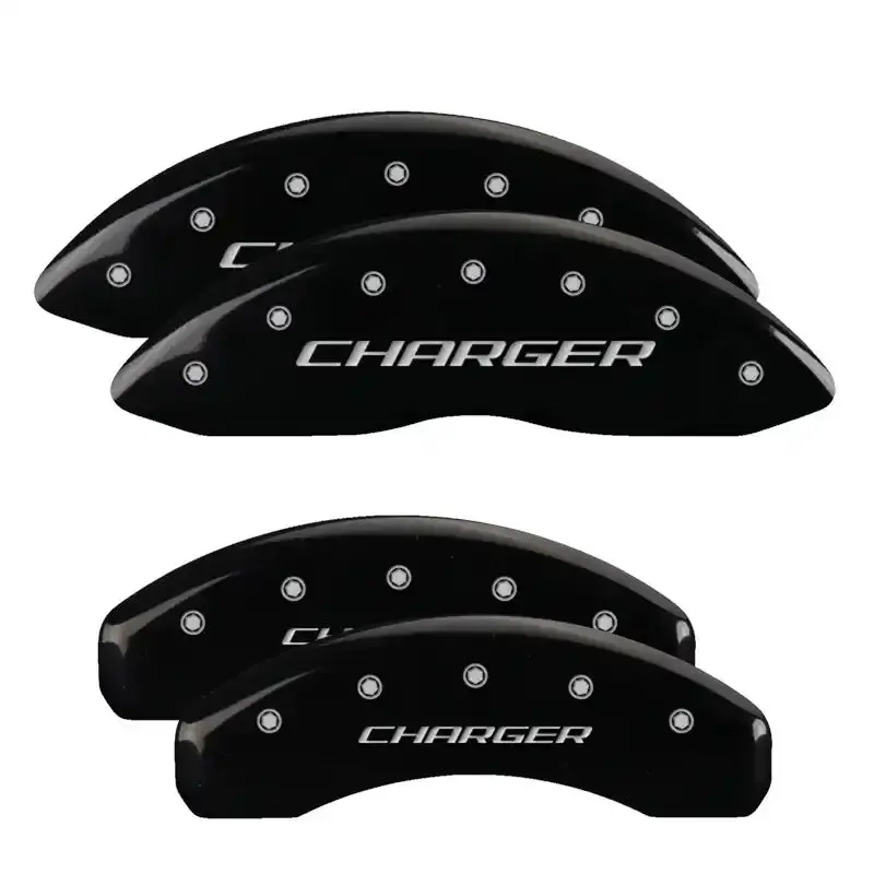 Mgp 4-Piece Caliper Cover Set – Front & Rear, Black Finish With Silver Stripes & Challenger Branding 1